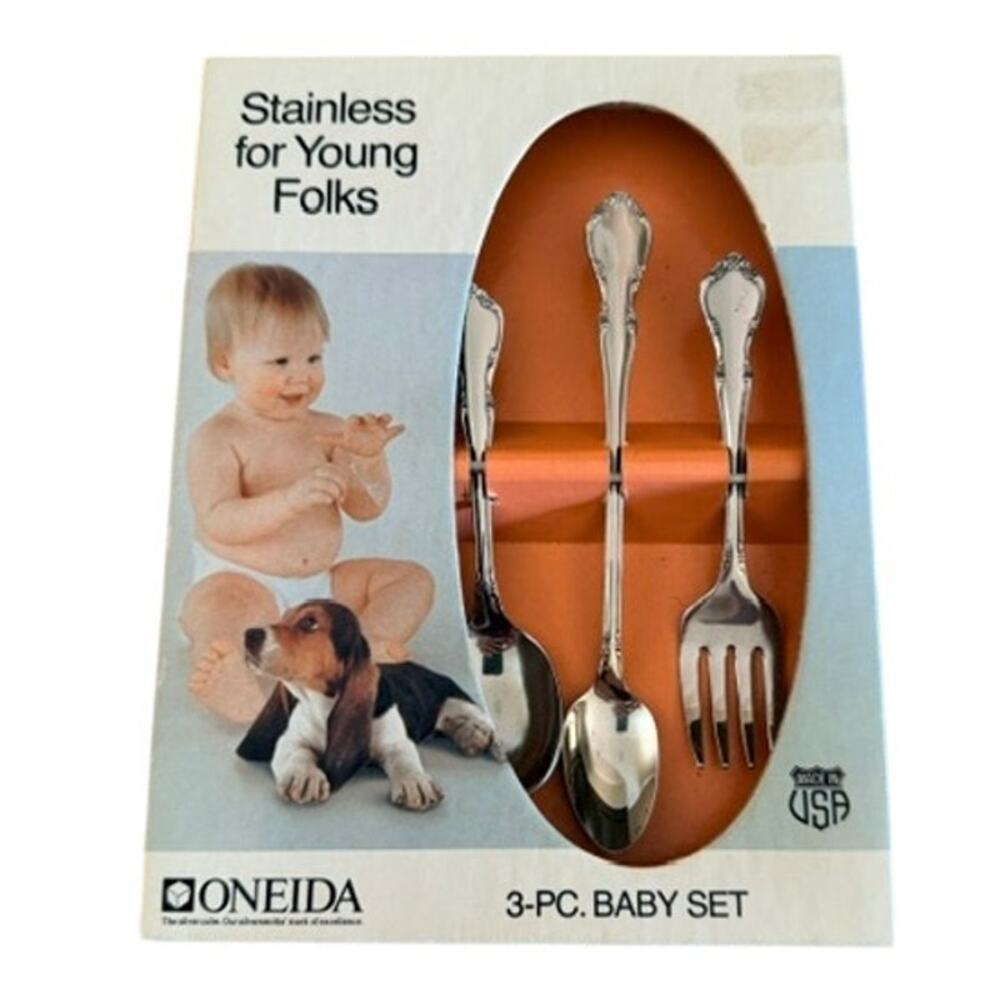 Oneida Stainless for Young Folks 3 Pc Baby Flatware Set Spoon Fork 1970-1980